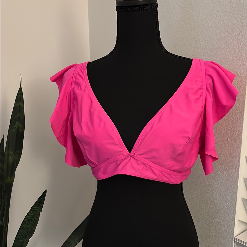 Hot Pink Ruffle Sleeve Bikini Top